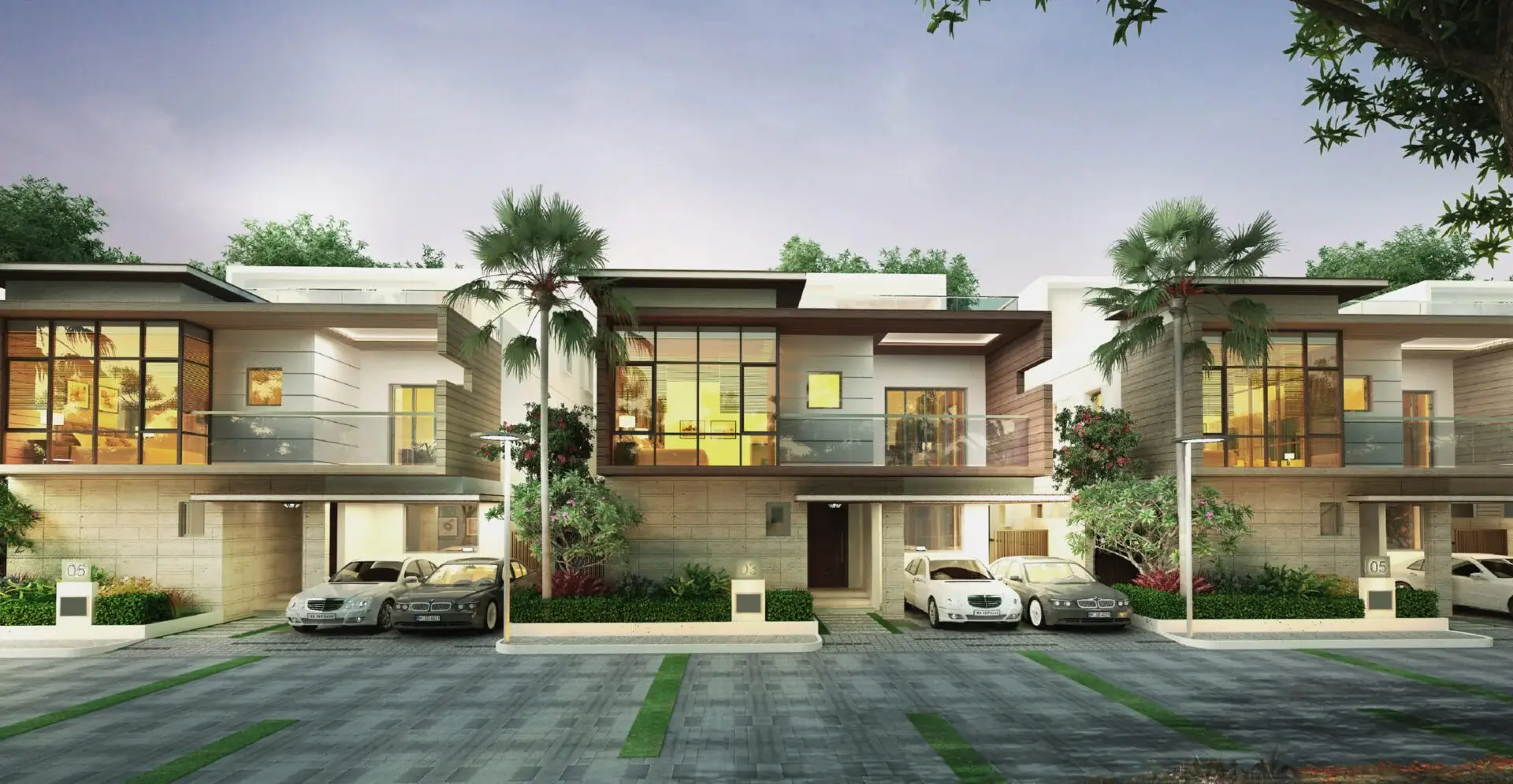 Row of Indraprastha villas at dusk